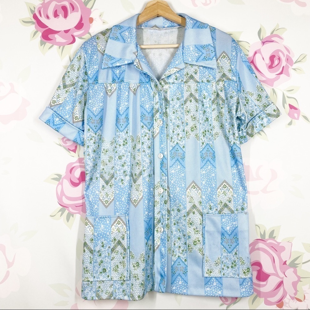 Vintage Grandmacore Retro Print Floral Button Down Short Sleeves Blouse M